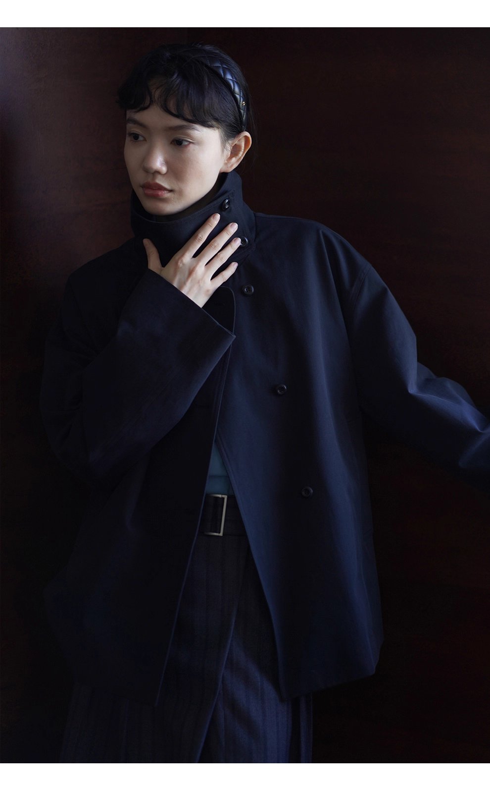 100棉細斜紋挺括水洗廓形立領寬鬆一手長顯瘦風衣外套女