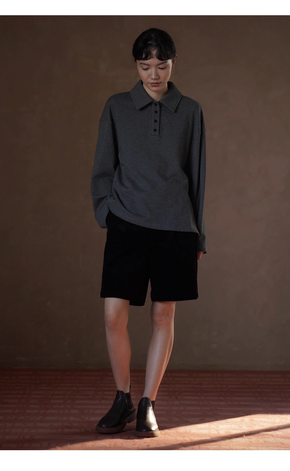 復古經典休閒碰撞Polo領寬鬆顯瘦100棉做舊花灰落肩衛衣