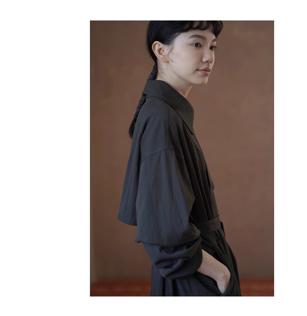 晚潮綠波風衣洋裝微皺肌理感寬鬆腰帶顯瘦通勤外套女