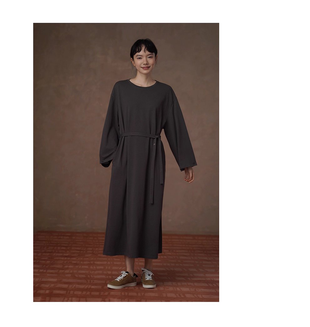 綿柔禪意100棉寬鬆直筒圓領可調式腰帶顯瘦藏肉通勤裙子