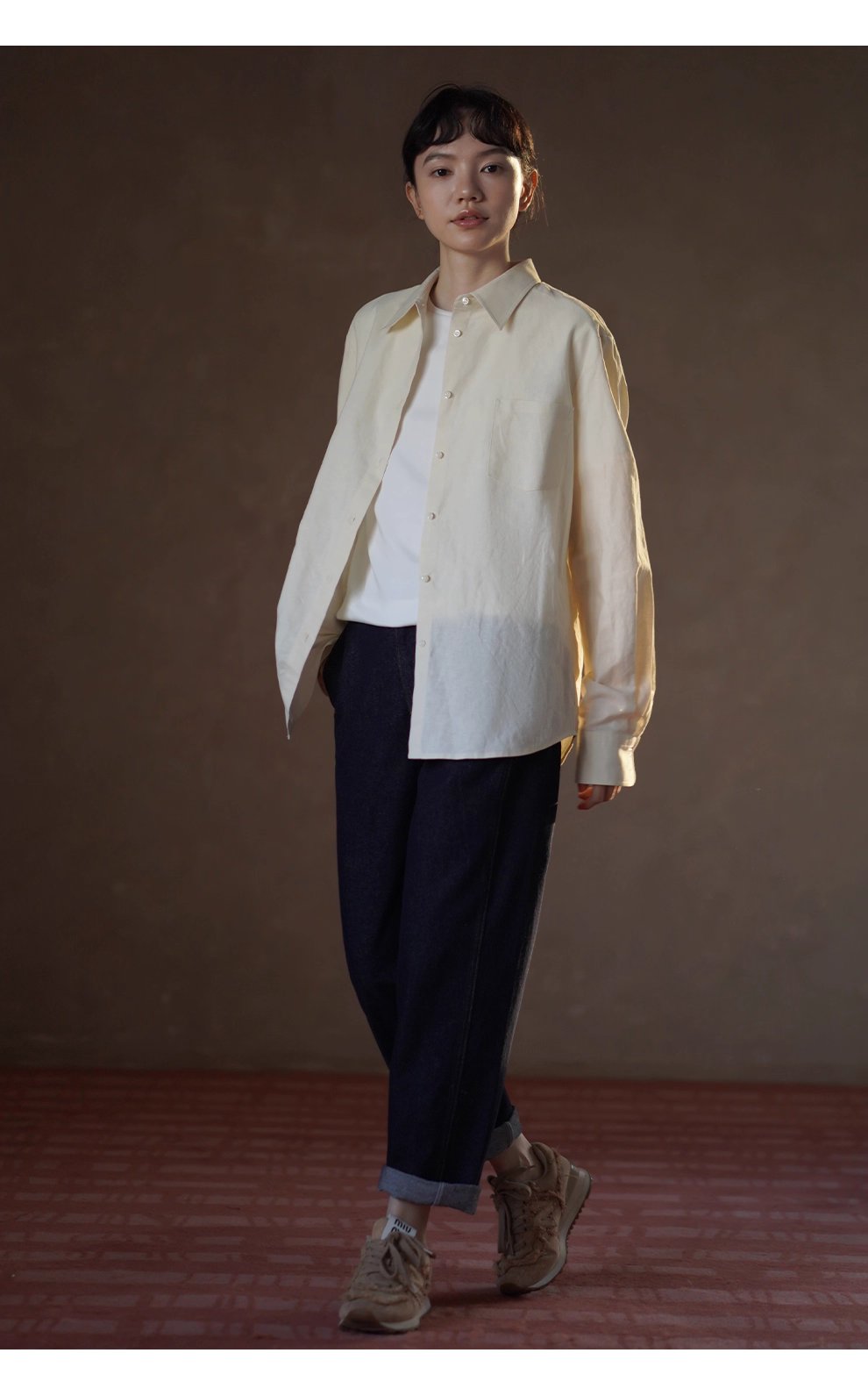 清香檸檬舒適棉麻混紡長袖疊穿寬鬆襯衫顯瘦通勤上衣女