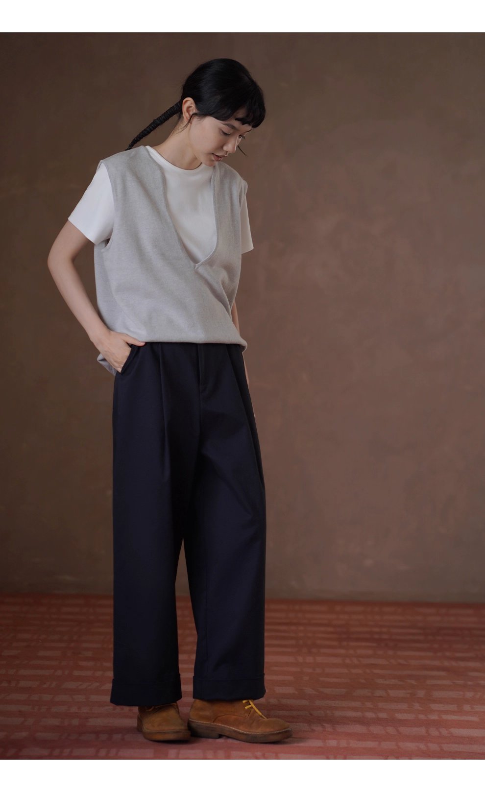 無可挑剔挺括棉感可調式腰帶直筒寬鬆闊腿顯瘦高腰長褲