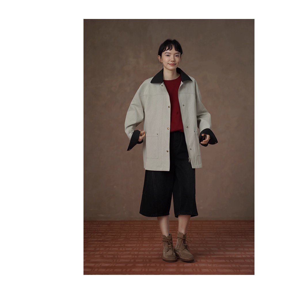復古工裝健行外套斜紋挺括寬鬆顯瘦撞色翻領一手長風衣