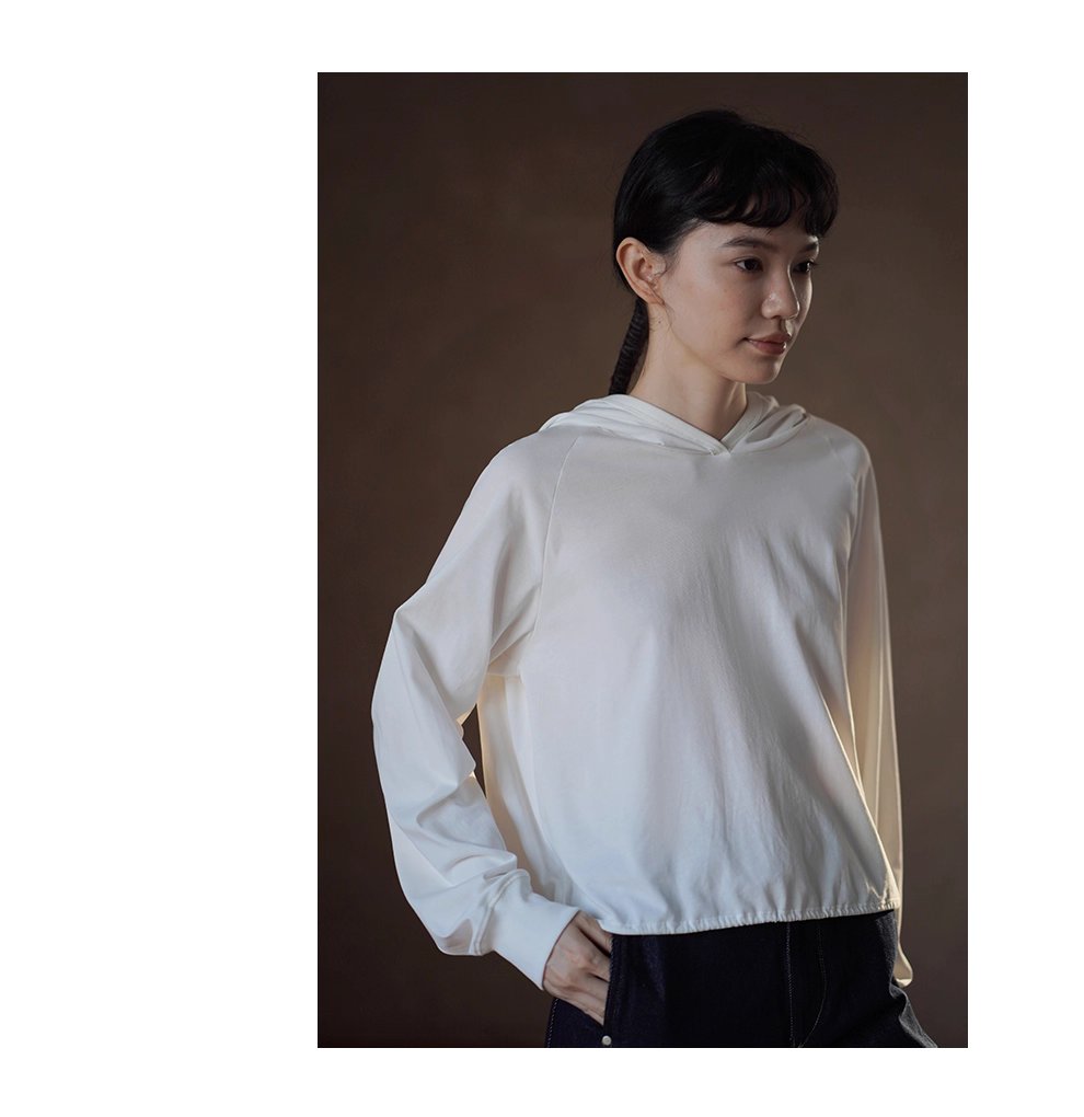 100棉垂軟寬鬆顯瘦連帽休閒長袖上衣可調整下擺T恤內搭