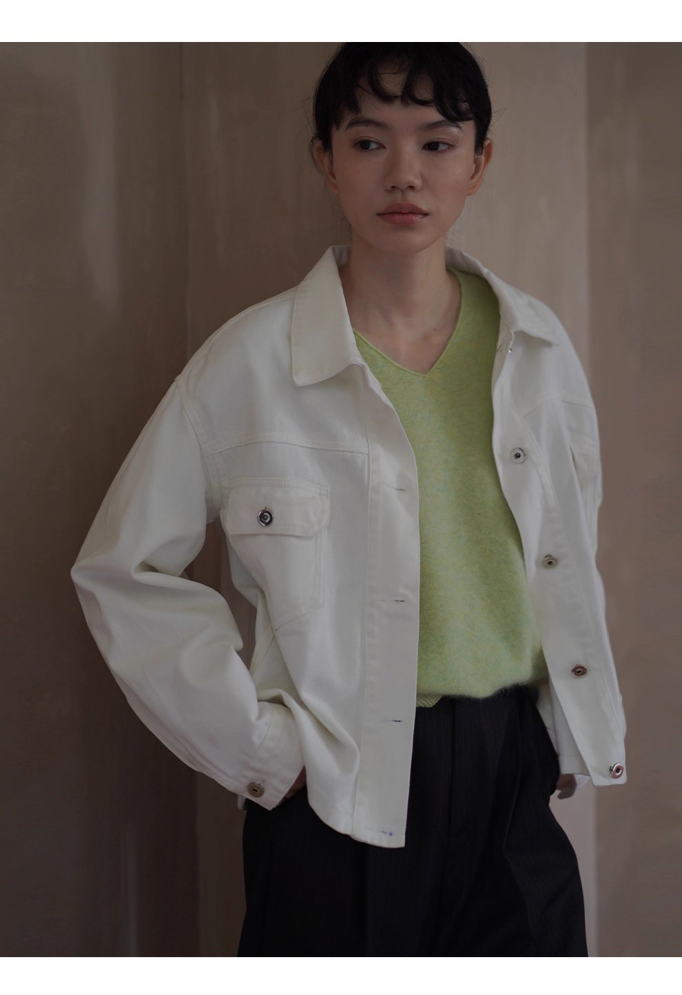 復古工裝立體口袋水洗100棉柔軟斜紋牛仔寬鬆翻領外套女