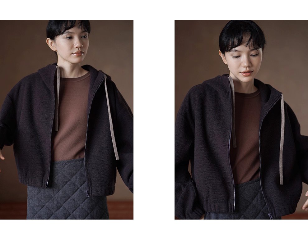 榛果咖濃鬱質感加厚綿羊毛混紡寬鬆短連帽衛衣外套女