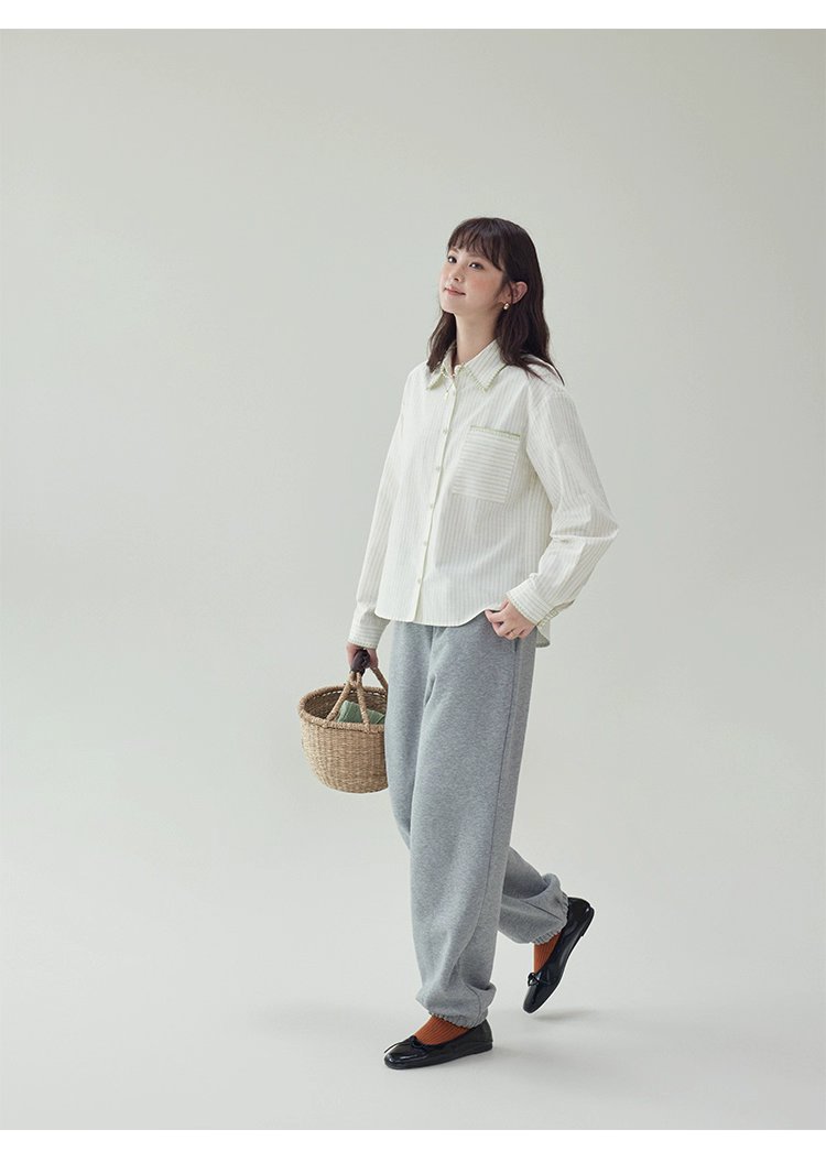 反線條單排扣長袖襯衫女秋季新款polo領寬鬆上衣