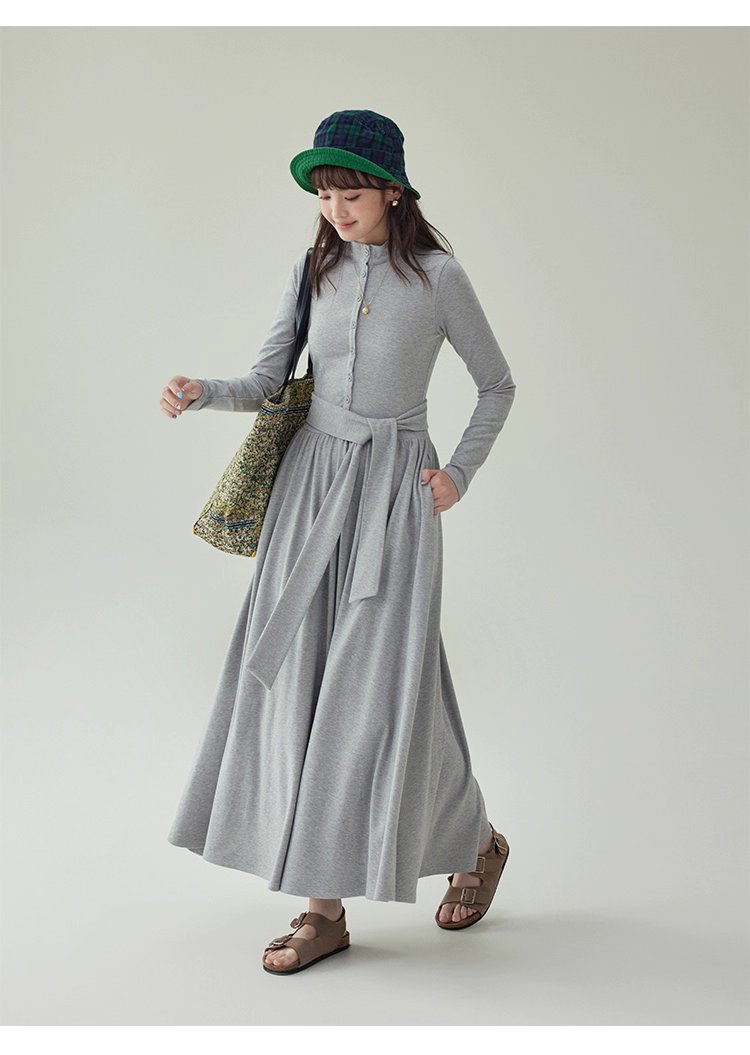 灰色修身高腰綁帶洋裝女秋新款長袖收腰T恤裙