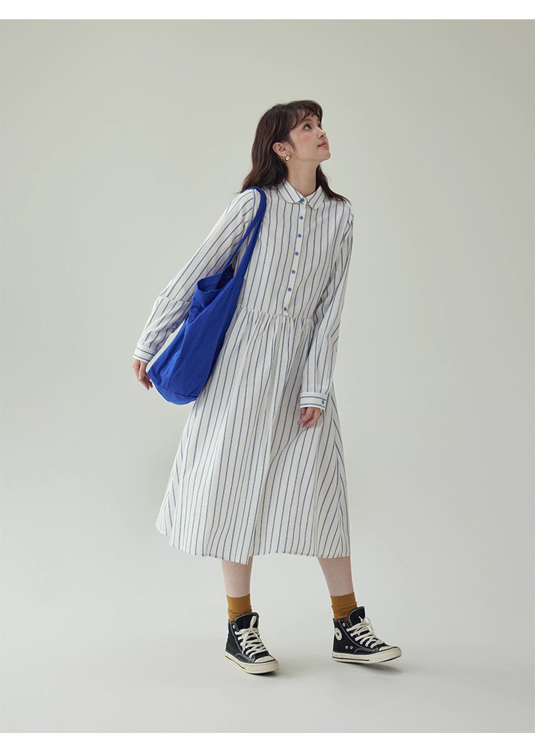 藍條紋娃娃領純棉洋裝女秋新款寬鬆長袖襯衫裙,藍條紋娃娃領純棉洋裝女秋新款寬鬆長袖襯衫裙,HBEW7043,藍條紋娃娃領純棉洋裝女秋新款寬鬆長袖襯衫裙,襯衫洋裝,全棉面料
