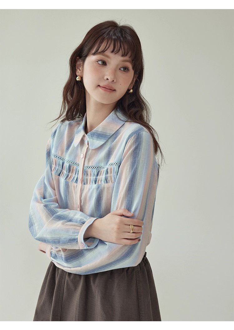 少女感鏤空拼接條紋襯衫女秋季新款純棉長袖上衣