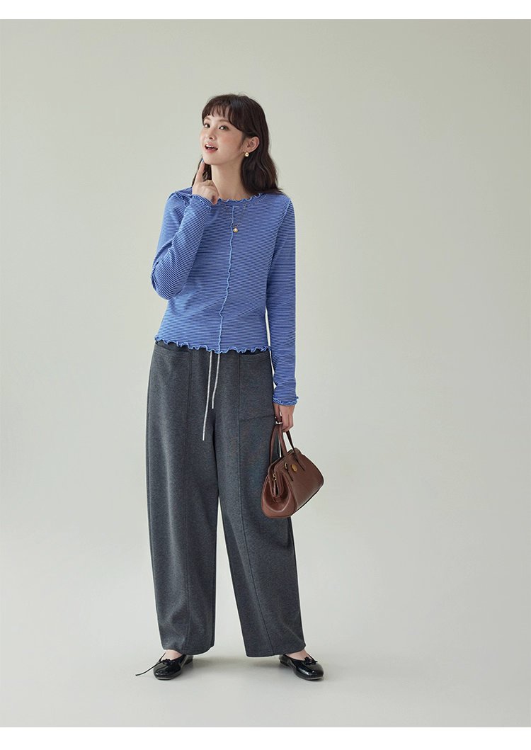 韓系灰色高腰休閒衛褲女秋季新款寬腿百搭彎刀褲