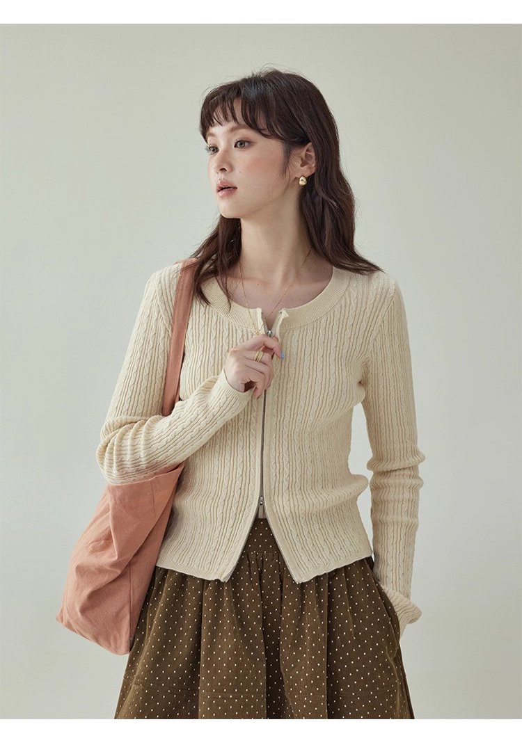 純色麻花雙頭拉鍊針織衫女秋季新款修身純棉上衣