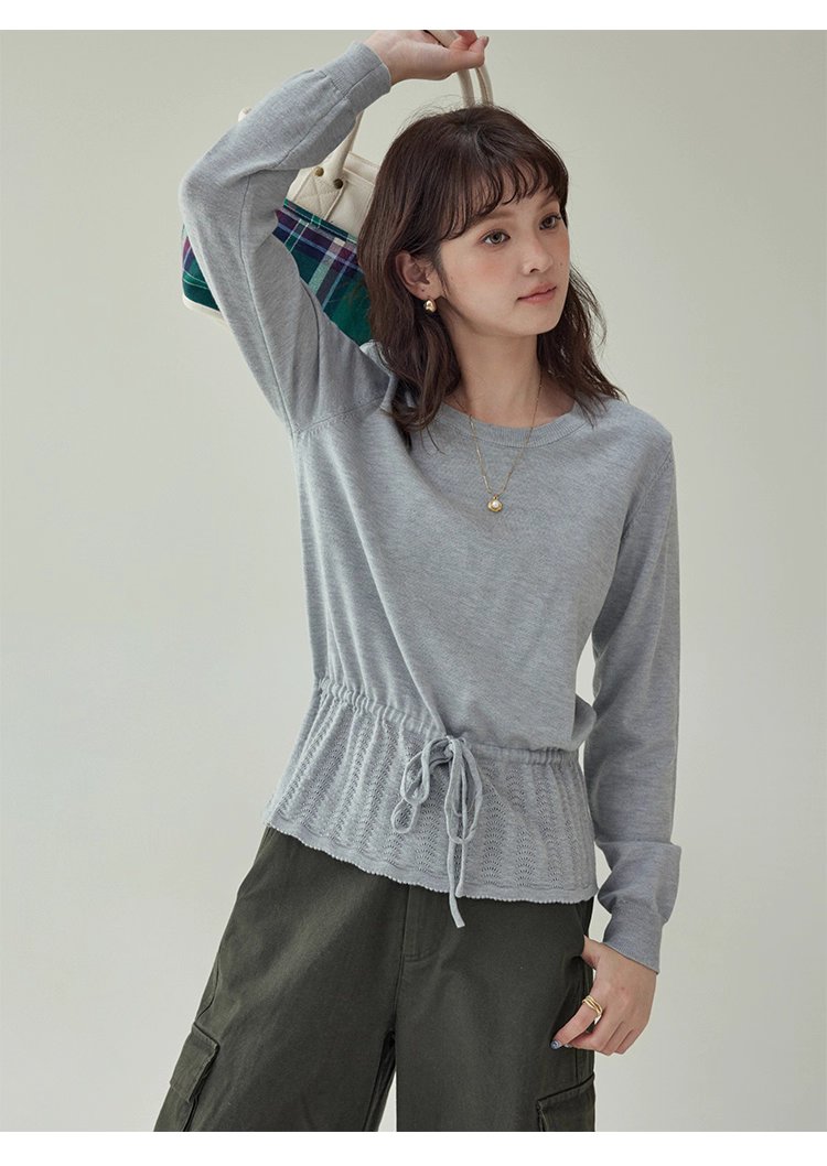 小眾抽繩提花下擺針織衫女秋季新款長袖內搭上衣,小眾抽繩提花下擺針織衫女秋季新款長袖內搭上衣,HBEW1094,小眾抽繩提花下擺針織衫女秋季新款長袖內搭上衣,簡約大方,抽繩衣襬