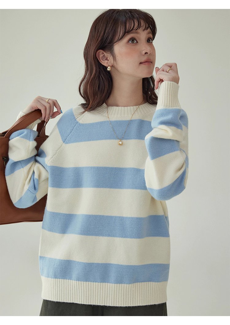 韓國拼色條紋插肩袖毛衣女秋款新款休閒寬鬆上衣