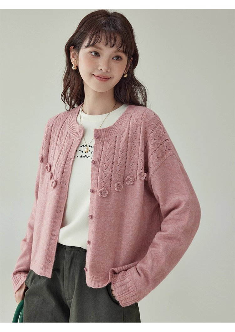 少女感粉紅花朵毛衣開襟女秋季新款寬鬆長袖上衣