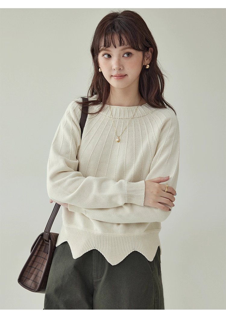 設計感波浪下擺純棉針織衫女秋冬季新款長袖上衣