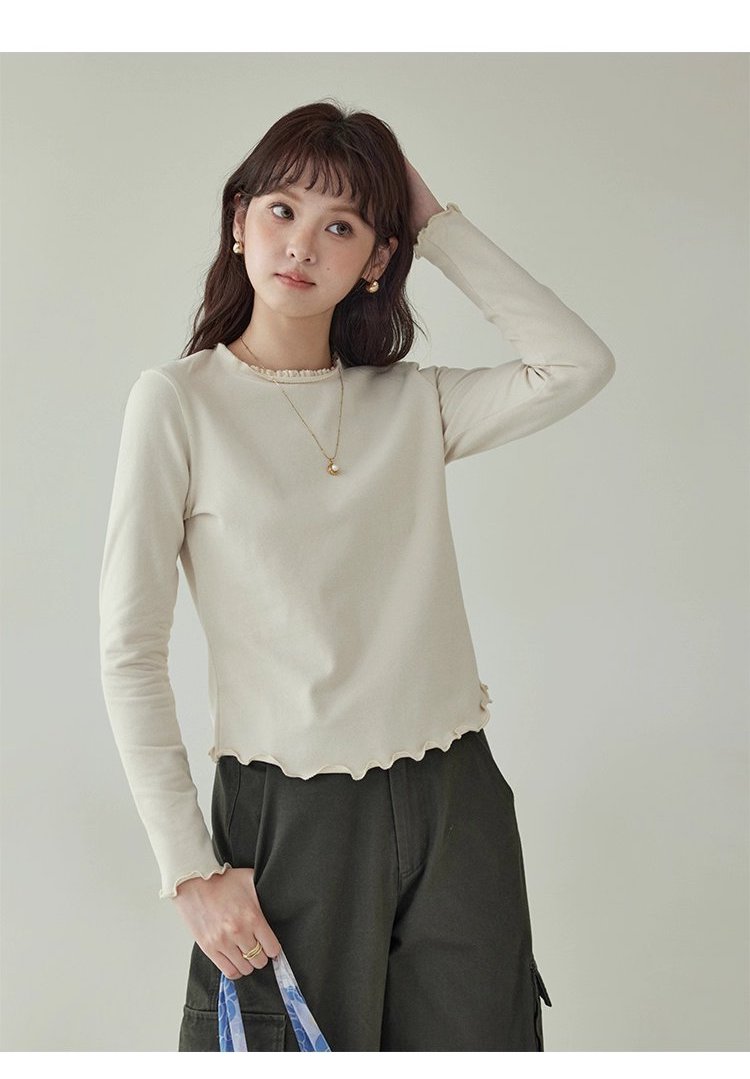 小眾花邊圓領長袖打底T恤女秋新款寬鬆純色上衣