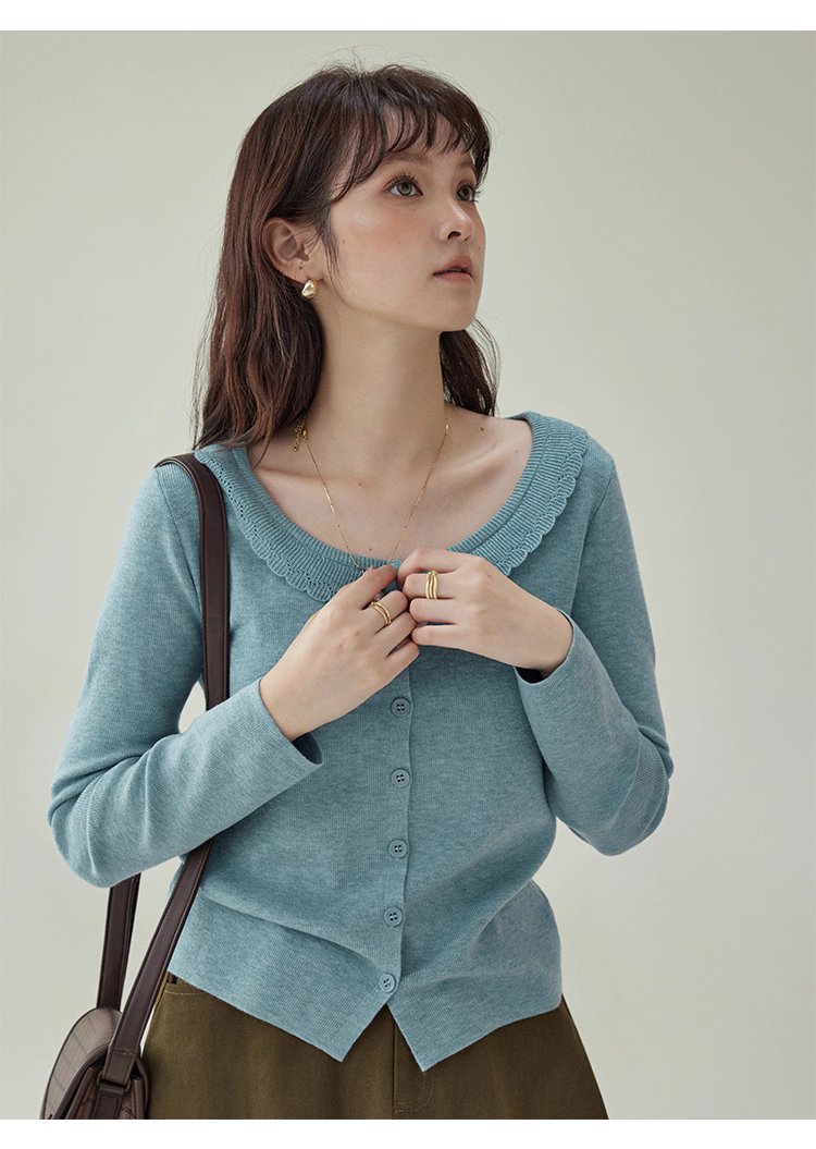 藍色圓領針織衫女秋季絕美短款修身長袖開襟衫上衣