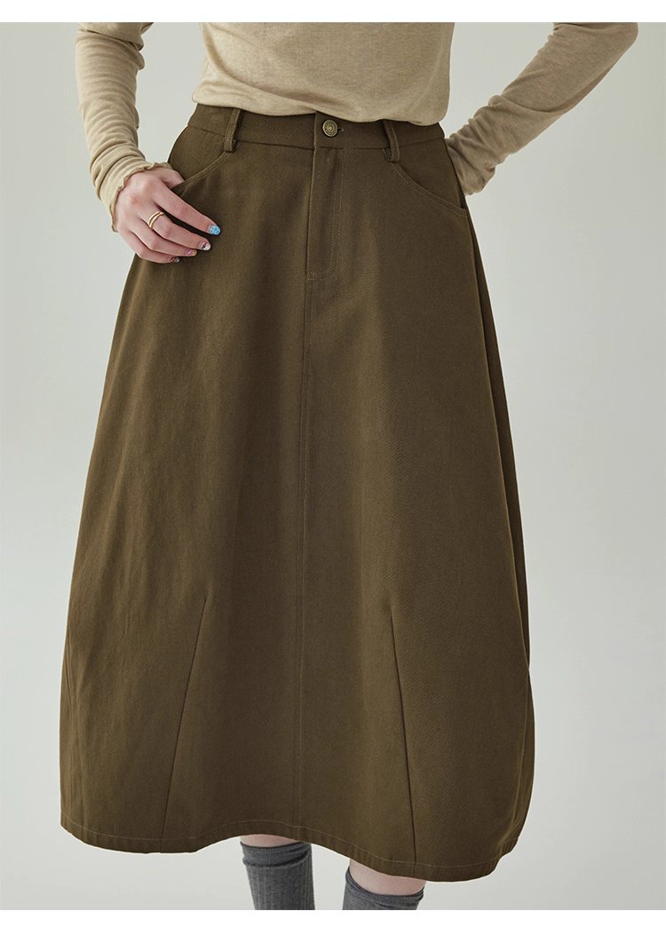 復古純色a字純棉半身裙女秋季新款後鬆緊花苞裙