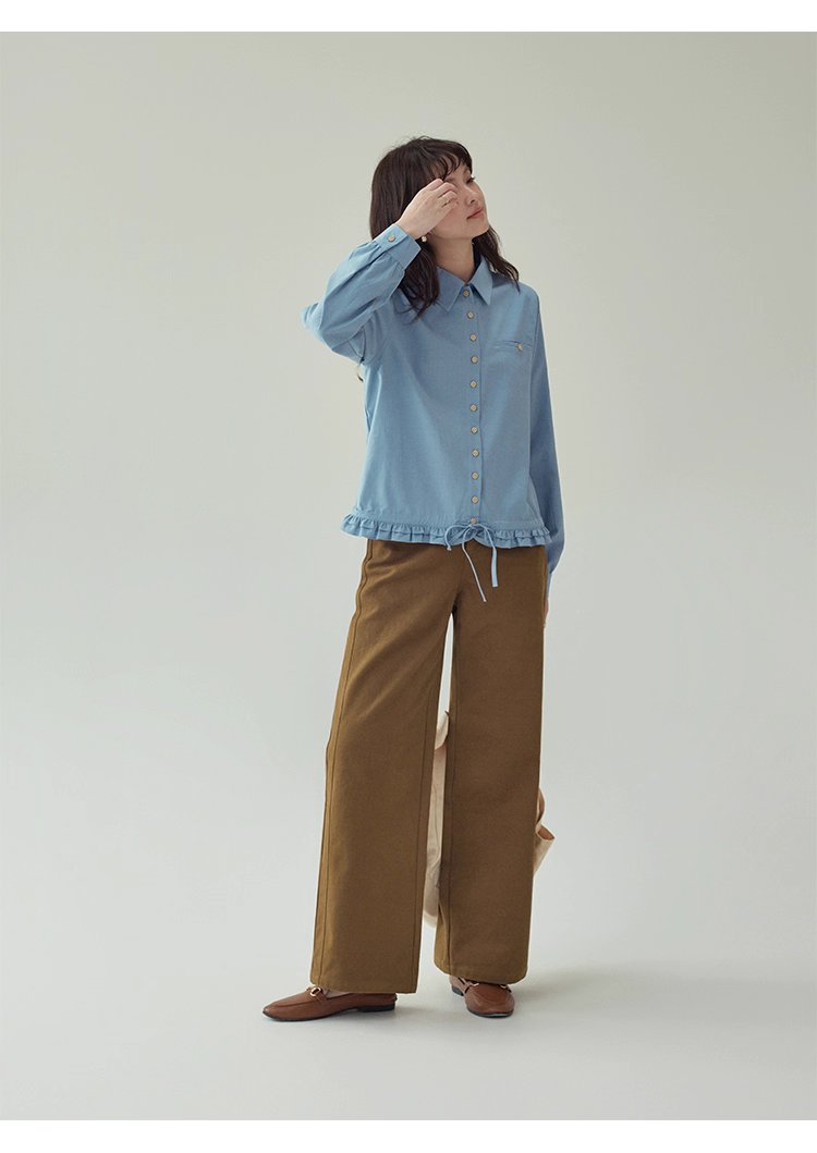 藍色花邊下擺抽繩襯衫女秋季新款單排扣長袖上衣,藍色花邊下擺抽繩襯衫女秋季新款單排扣長袖上衣,HBEW1103,藍色花邊下擺抽繩襯衫女秋季新款單排扣長袖上衣,翻領排扣,天絲混棉