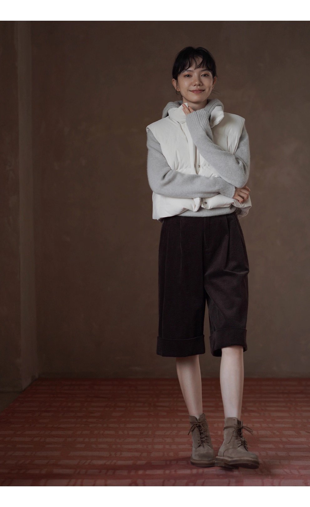 保暖軟糯小泡芙格外套紋肌理寬鬆短款立領夾棉馬甲棉服