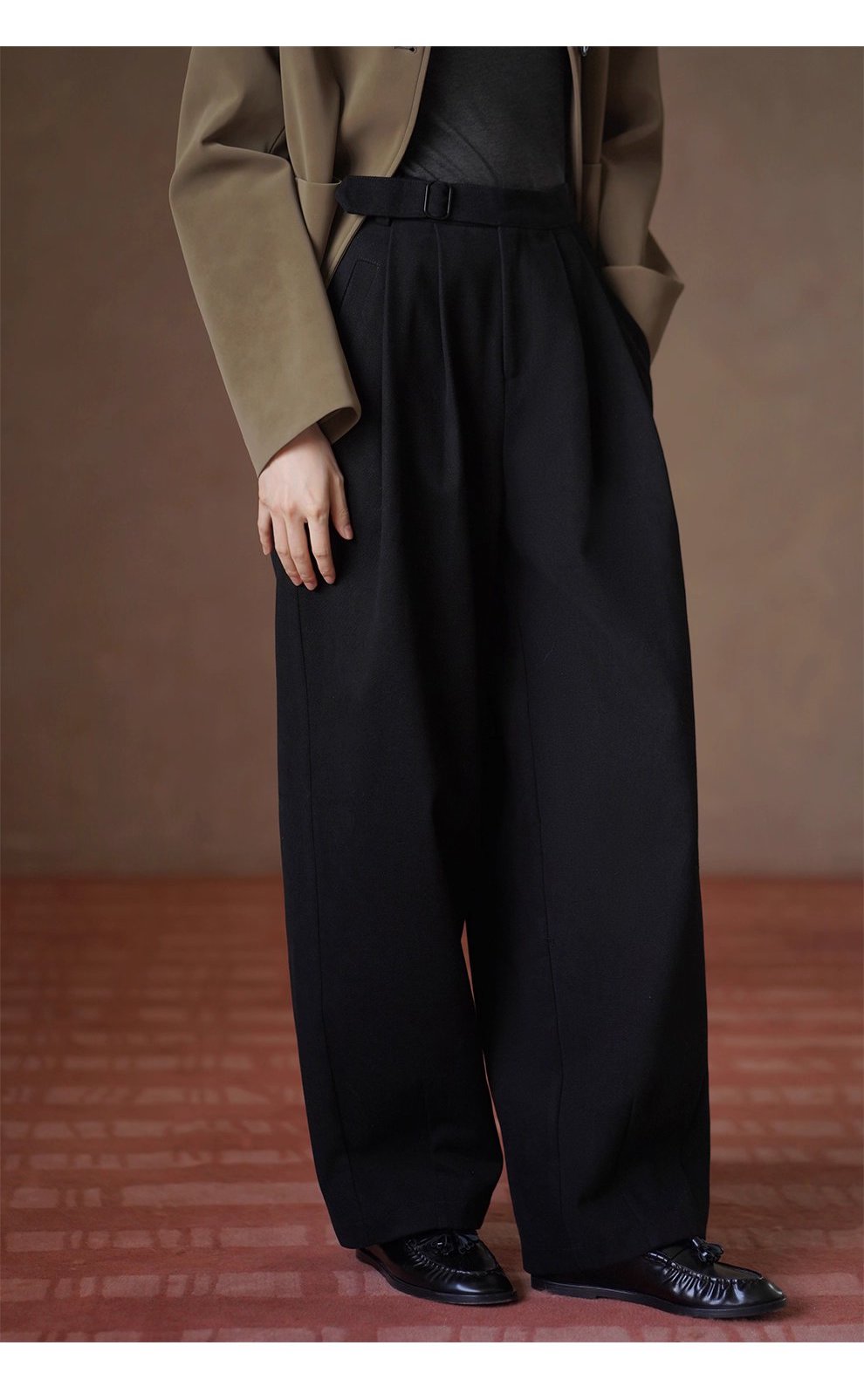 低調霧面紗卡品質長褲可調式褲袢高腰寬鬆顯瘦直筒褲女