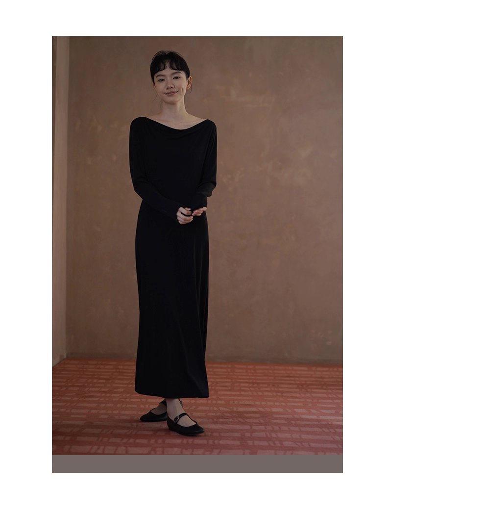 進階優雅巨顯瘦氣質蕩領彈性合身洋裝通勤長裙女