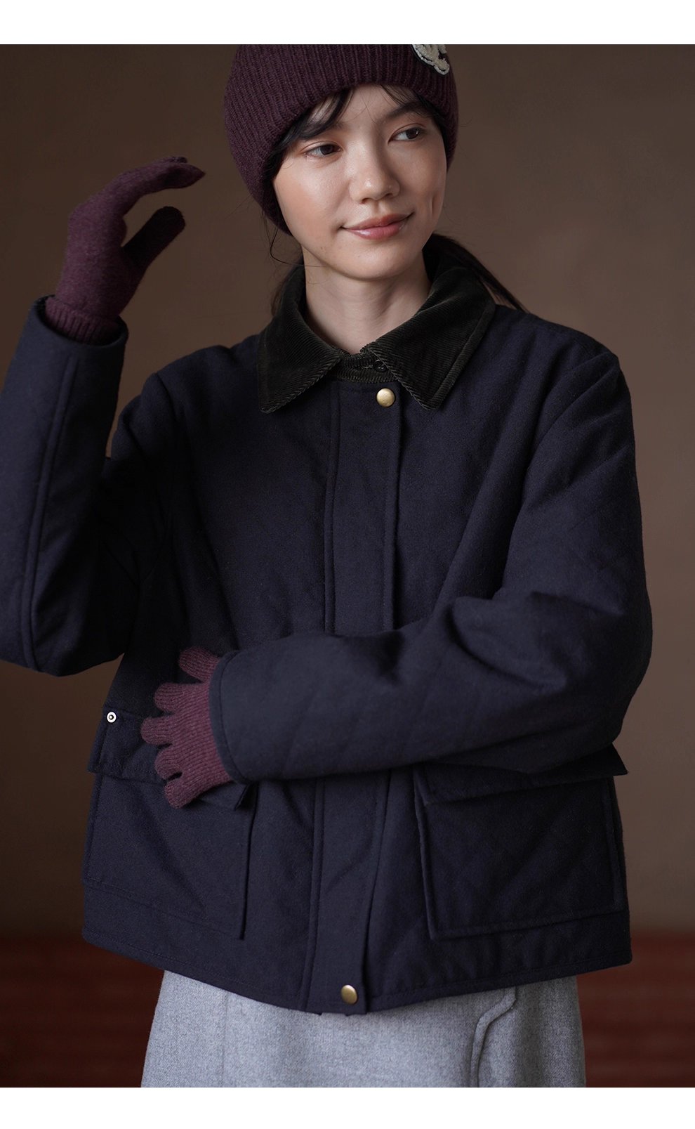 復古英倫配色撞色燈芯絨翻領正肩短款菱形格絎棉外套女