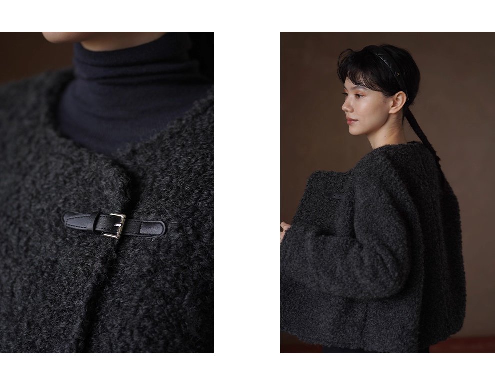 費城外套蓬鬆羊毛圈毛呢料輪廓皮袢圓領通勤顯瘦大衣