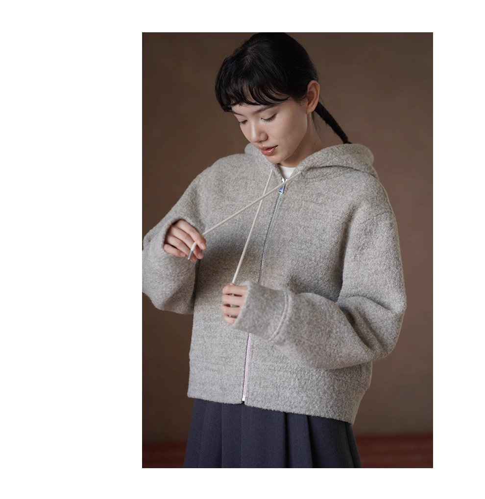 顆粒肌理絨感100綿羊毛輪廓休閒顯瘦連帽衛衣保暖外套女