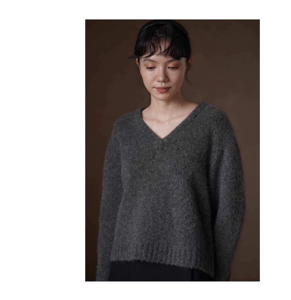 溫柔蓬鬆雜花灰毛衣馬海毛綿羊毛混紡寬鬆V領落肩上衣女