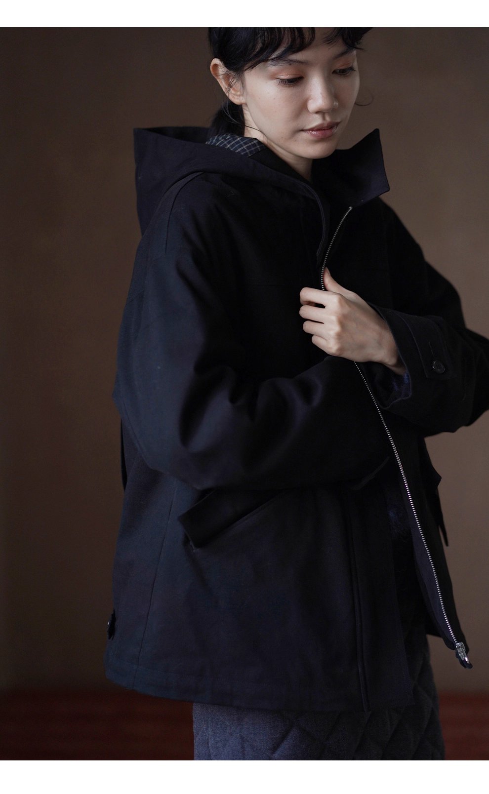 英倫學院撞色格紋連帽搖粒絨內裡加厚一手長夾克外套女