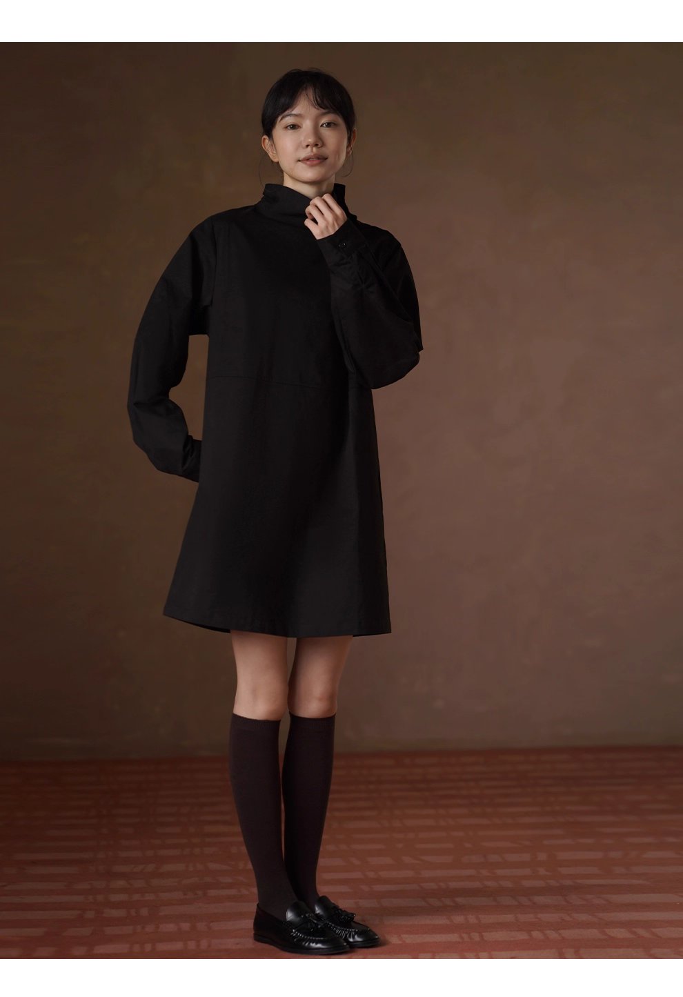 秋冬新款弗里達學院可調式紐扣高領寬鬆100棉連身裙女