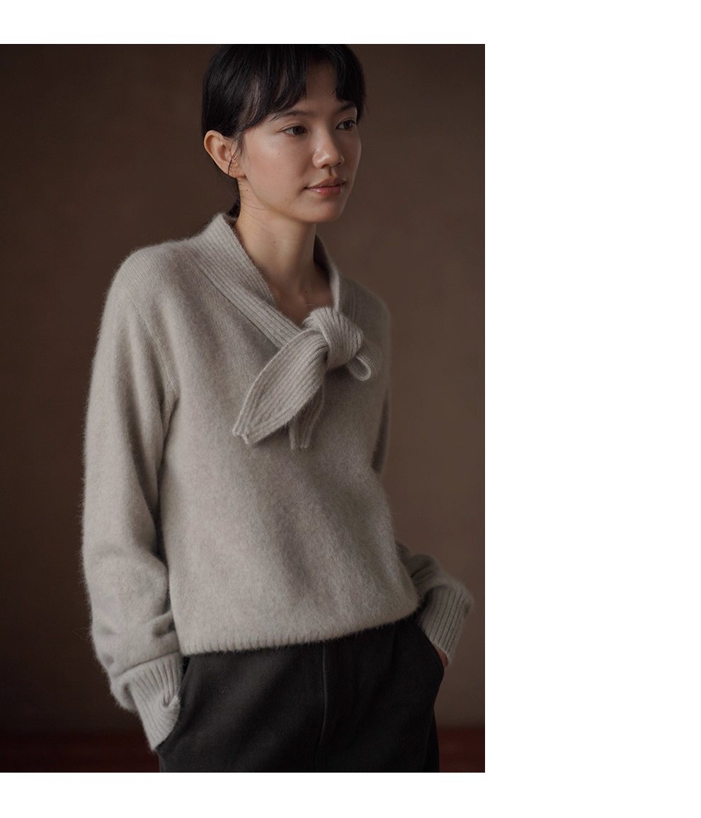靜謐月光羊毛柔和混紡紗線領結設計感坑條顯瘦寬鬆毛衣
