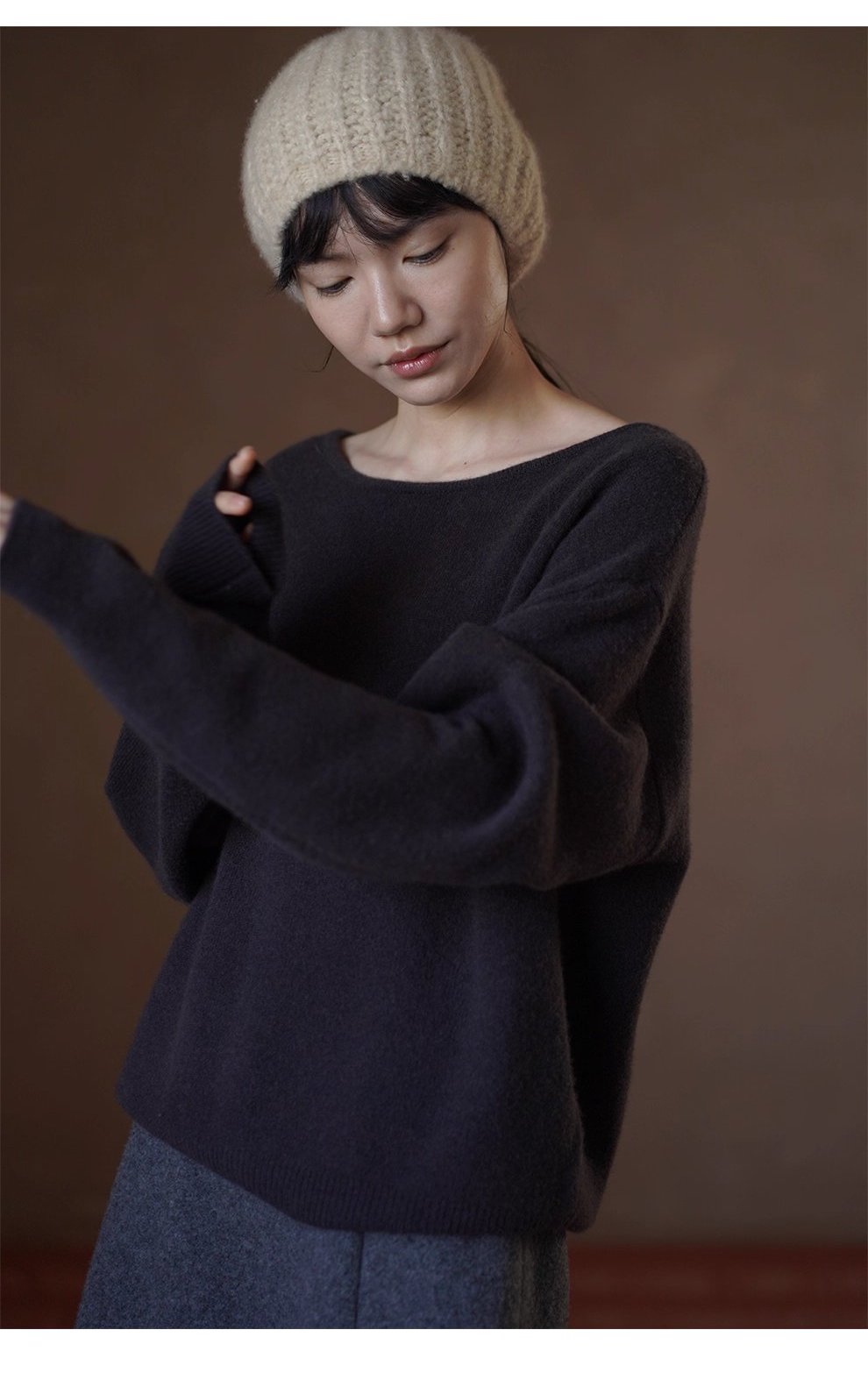 溫柔實用100羊毛窄邊收針一字領寬鬆慵懶顯瘦通勤毛衣女