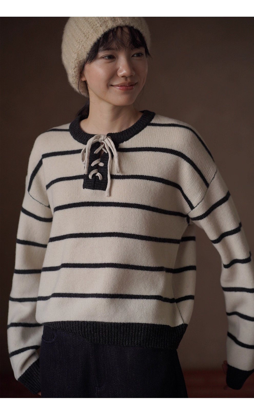 復古水手條紋上衣軟糯100羊毛綁帶門襟設計寬鬆顯瘦毛衣