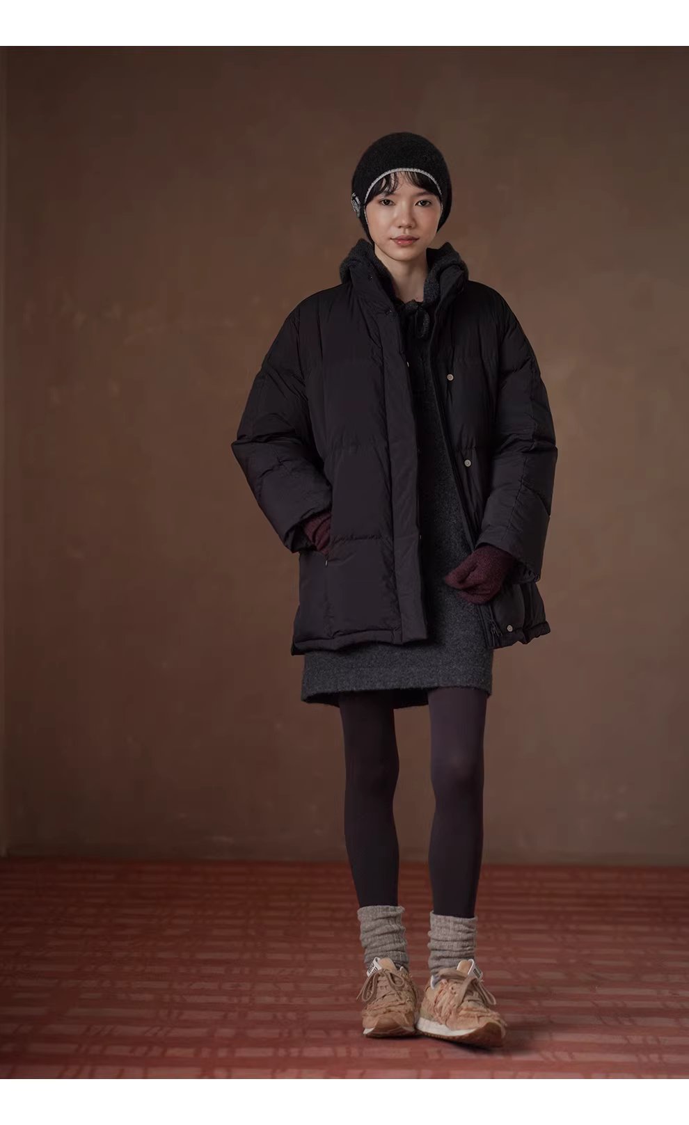 柔軟蓬鬆水洗拉毛工藝羊毛混紡連帽寬鬆顯瘦針織洋裝