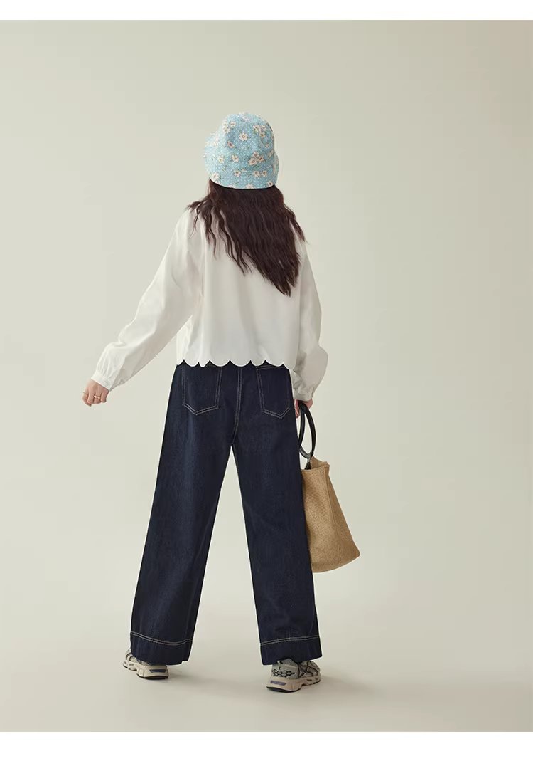 少女感蕾絲娃娃領襯衫女25冬季新款白色長袖上衣,HBEW1142,少女感蕾絲娃娃領襯衫女25冬季新款白色長袖上衣,娃娃領,花瓣衣襬,細節滿分