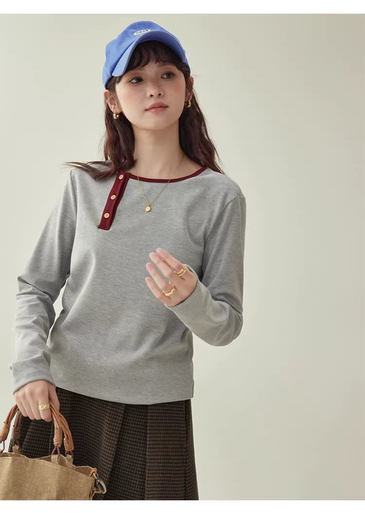 撞色斜領內搭長袖T恤女25冬季新款簡約寬鬆上衣,撞色斜領內搭長袖T恤女25冬季新款簡約寬鬆上衣,HBEW1145,撞色斜領內搭長袖T恤女25冬季新款簡約寬鬆上衣,側排扣,舒適面料