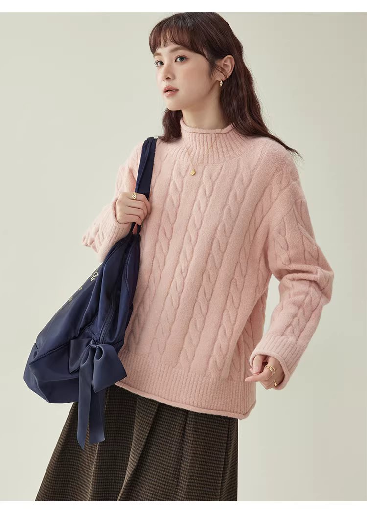 減齡粉紅高領麻花毛衣女25冬季新款捲邊長袖上衣,減齡粉紅高領麻花毛衣女25冬季新款捲邊長袖上衣,HBEW1146,減齡粉紅高領麻花毛衣女25冬季新款捲邊長袖上衣,高領毛衣,麻花針織