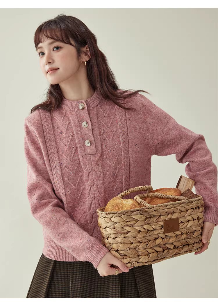 半開領麻花羊毛毛衣女冬季新款甜美彩點長袖上衣,半開領麻花羊毛毛衣女冬季新款甜美彩點長袖上衣,HBEW5106,半開領麻花羊毛毛衣女冬季新款甜美彩點長袖上衣,半開排扣,麻花針織