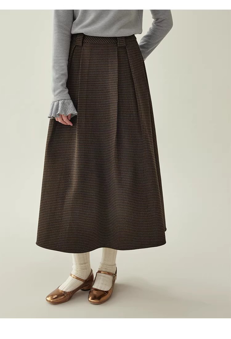 復古壓褶格紋高腰半身裙女25冬季新款a字中長裙,復古壓褶格紋高腰半身裙女25冬季新款a字中長裙,HBEW2031,復古壓褶格紋高腰半身裙女25冬季新款a字中長裙,復古格紋,高腰壓摺