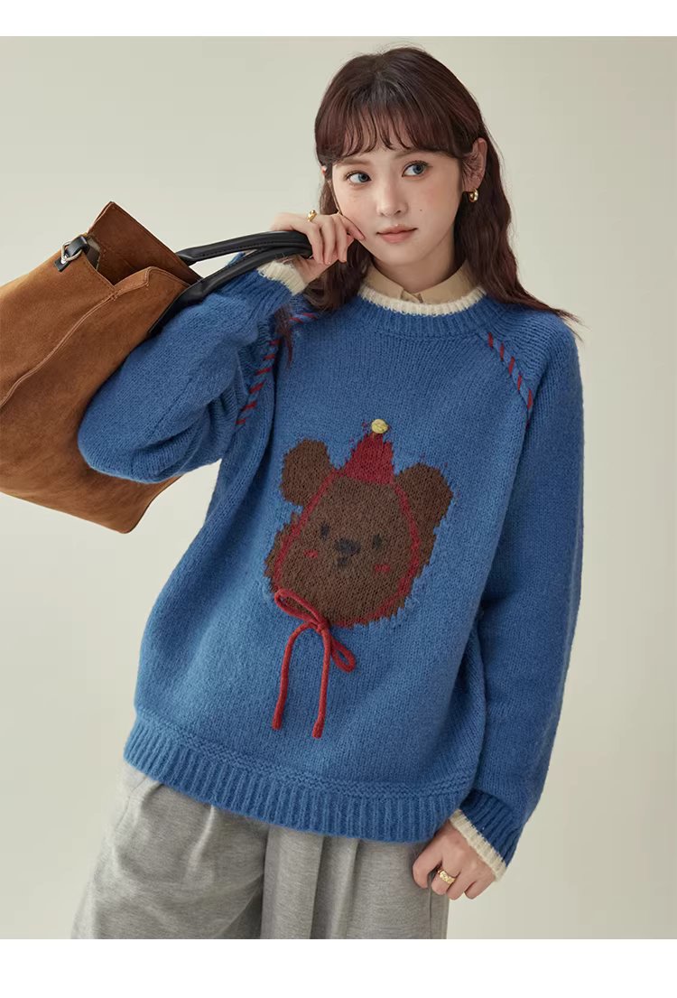 克萊因藍圓領羊毛長袖小熊毛衣女冬新款寬鬆減齡上衣,克萊因藍圓領羊毛長袖小熊毛衣女冬新款寬鬆減齡上衣,HBEW1148,克萊因藍圓領羊毛長袖小熊毛衣女冬新款寬鬆減齡上衣,童趣針織,羊毛混紡