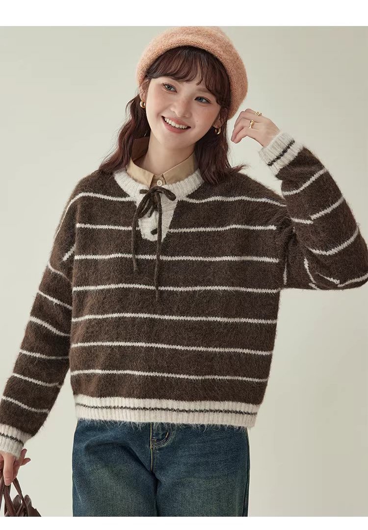 撞色條紋綁帶圓領羊毛毛衣女冬季新款甜美落肩袖上衣,撞色條紋綁帶圓領羊毛毛衣女冬季新款甜美落肩袖上衣,HBEW1155,撞色條紋綁帶圓領羊毛毛衣女冬季新款甜美落肩袖上衣,綁帶衣領,羊毛混紡