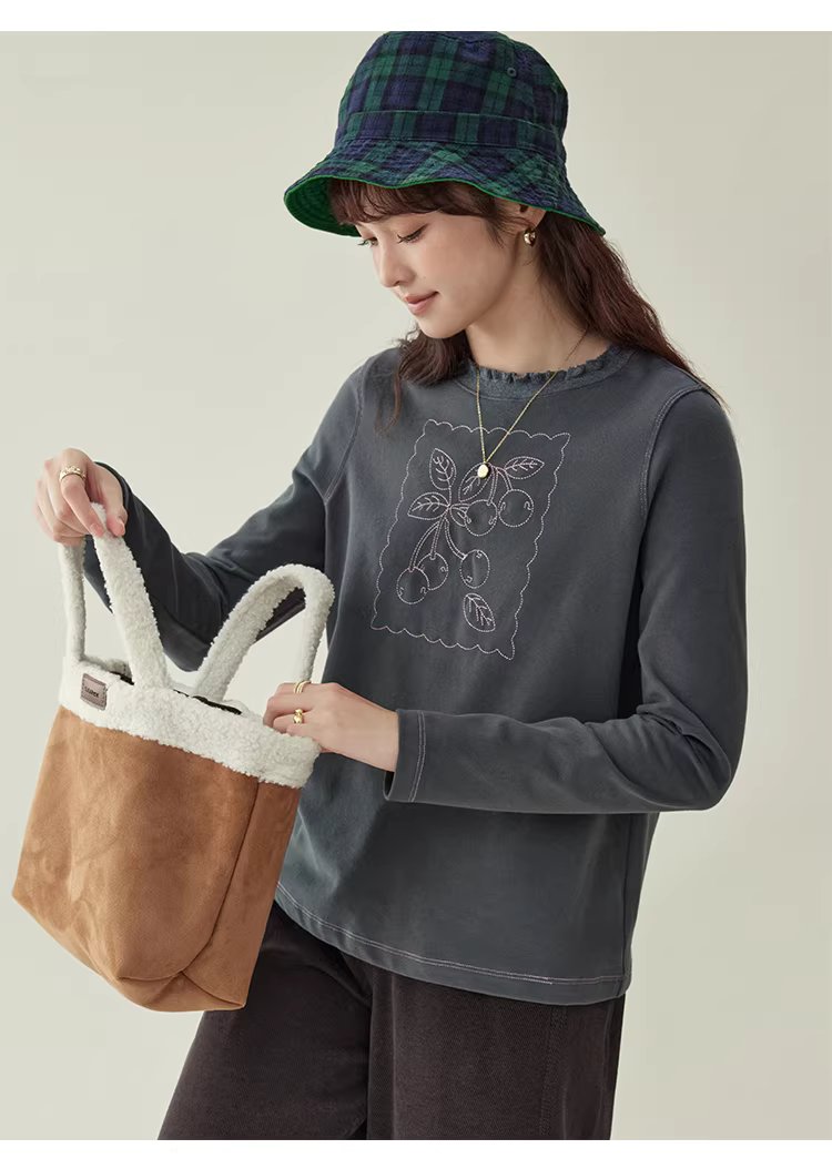 設計感磨毛繡花厚T恤女冬新款花邊圓領長袖上衣,設計感磨毛繡花厚T恤女冬新款花邊圓領長袖上衣,HBEW1184,設計感磨毛繡花厚T恤女冬新款花邊圓領長袖上衣,刺繡細節,磨毛面料