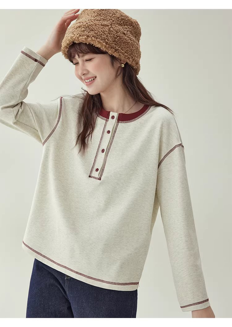 撞色反線落肩袖T恤女冬季新款半開扣圓領上衣,撞色反線落肩袖T恤女冬季新款半開扣圓領上衣,HBEW1192,撞色反線落肩袖T恤女冬季新款半開扣圓領上衣,半開排扣,舒適面料