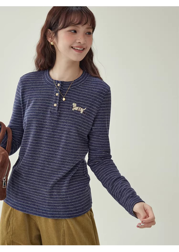 色織絨感繡花條紋T恤女冬新款寬鬆長袖內搭上衣,色織絨感繡花條紋T恤女冬新款寬鬆長袖內搭上衣,HBEW1194,色織絨感繡花條紋T恤女冬新款寬鬆長袖內搭上衣,條紋造型,絨感面料