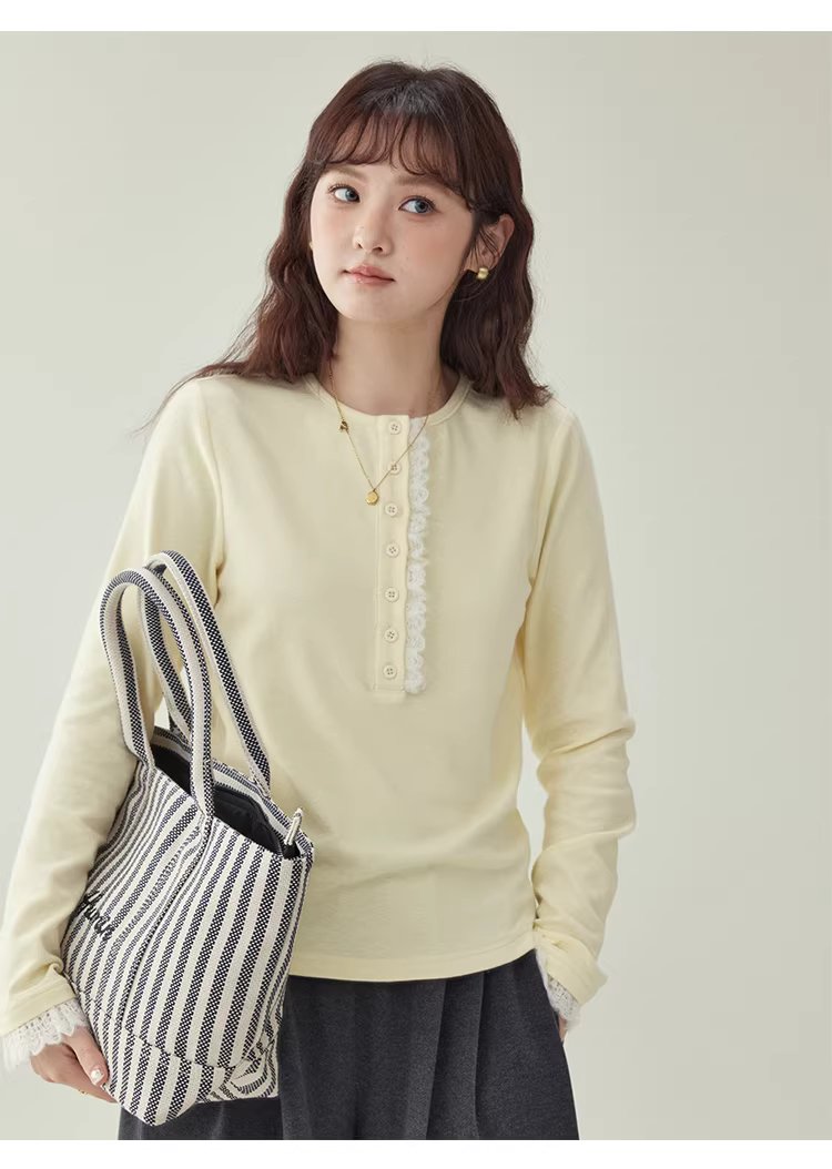 蕾絲拼接半開扣T恤女冬季新款純色打底長袖上衣,蕾絲拼接半開扣T恤女冬季新款純色打底長袖上衣,HBEW1199,蕾絲拼接半開扣T恤女冬季新款純色打底長袖上衣,蕾絲拼接,修身版型