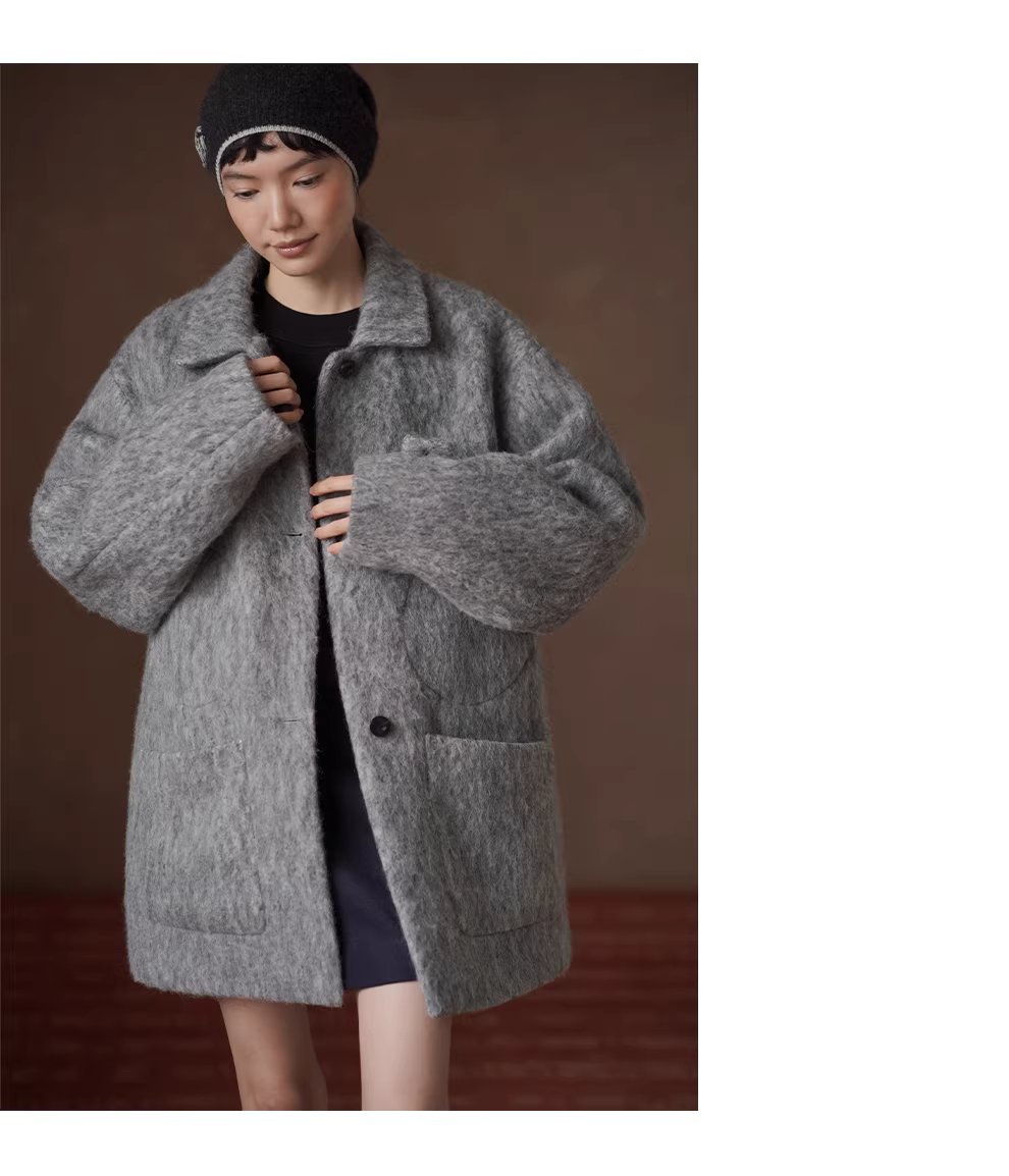 霧嵐星海羊毛混紡雜花灰翻領大衣中長款寬鬆絎棉外套女,霧嵐星海羊毛混紡雜花灰翻領大衣中長款寬鬆絎棉外套女,HBEW5131,霧嵐星海羊毛混紡雜花灰翻領大衣中長款寬鬆絎棉外套女,翻領排扣,羊毛混紡