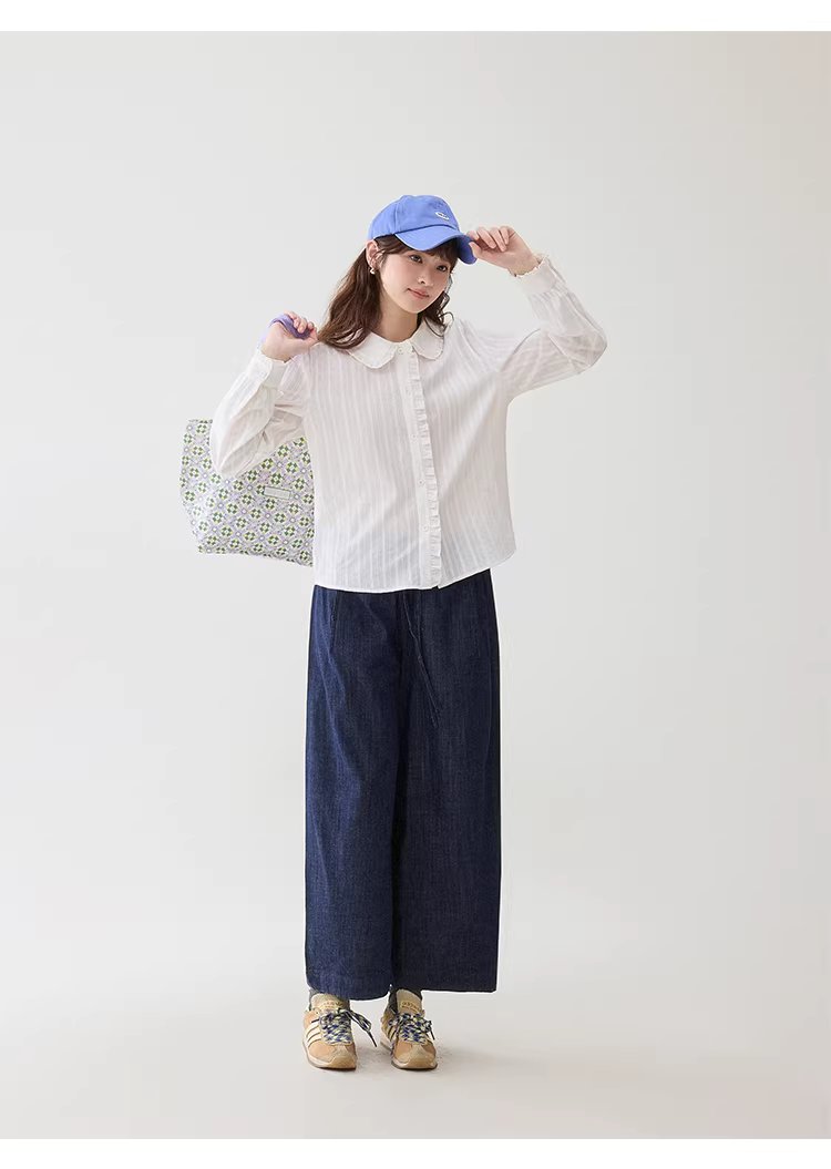 肌理感木耳邊娃娃領襯衫女春季新款純棉長袖上衣,肌理感木耳邊娃娃領襯衫女春季新款純棉長袖上衣,HBFS1003,肌理感木耳邊娃娃領襯衫女春季新款純棉長袖上衣,娃娃領,全棉面料